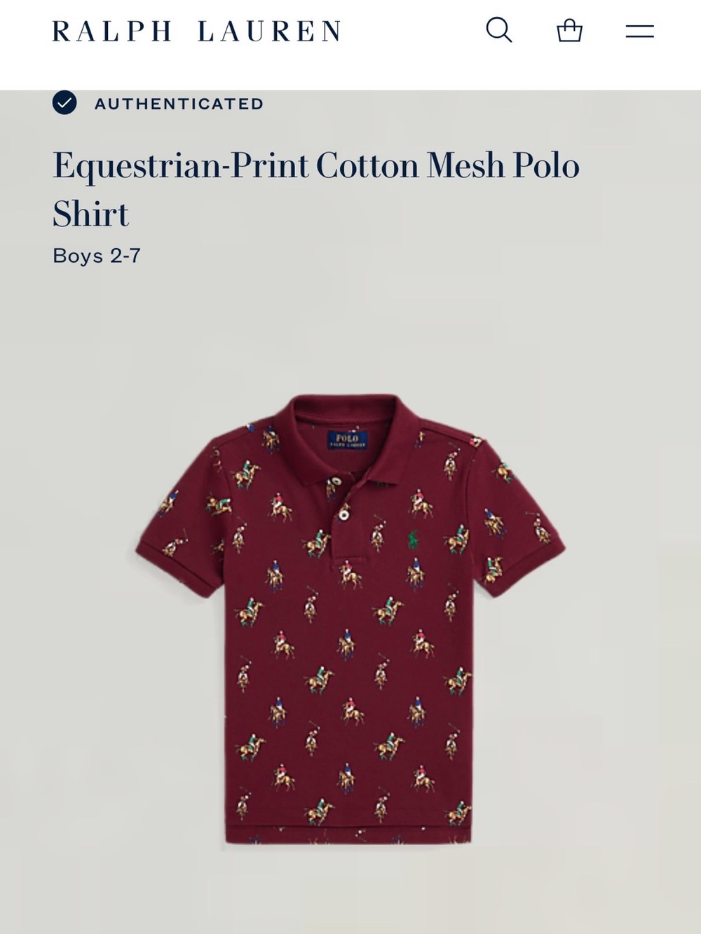 Polo by Ralph Lauren Boys' Burgundy Equestrian-Print Cotton Mesh Polo size 3